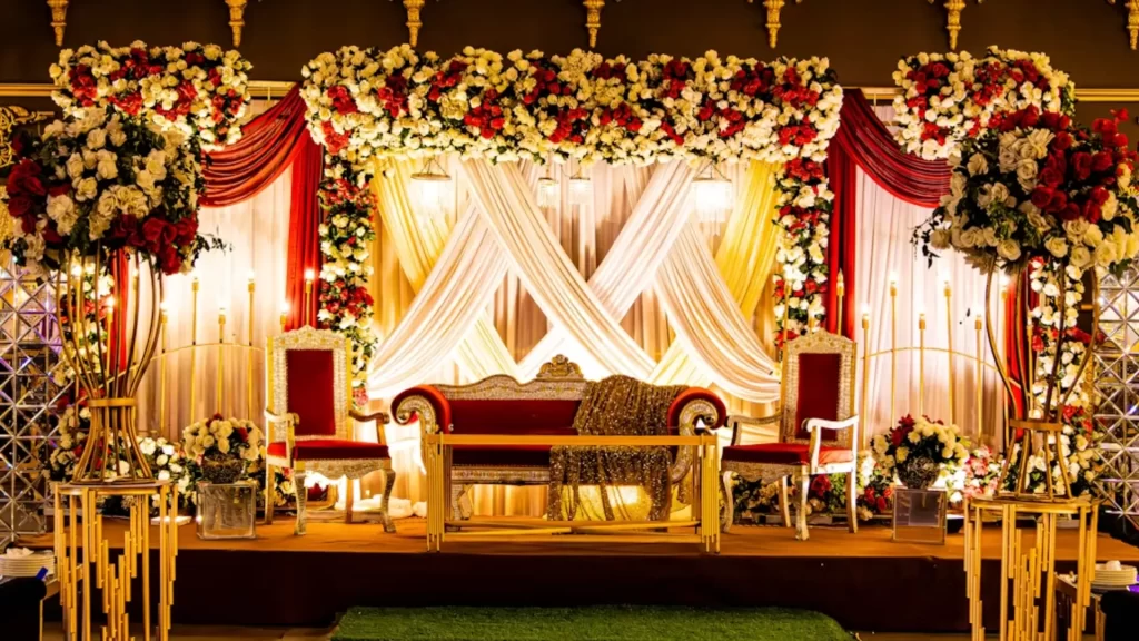 Elegant decorated wedding stage setup in Riyadh by Riyadh Beats